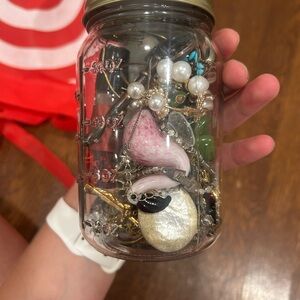 Assorted VINTAGE and ANTIQUE Jewelry and Trinkets In Mason jar MYSTERY LOT